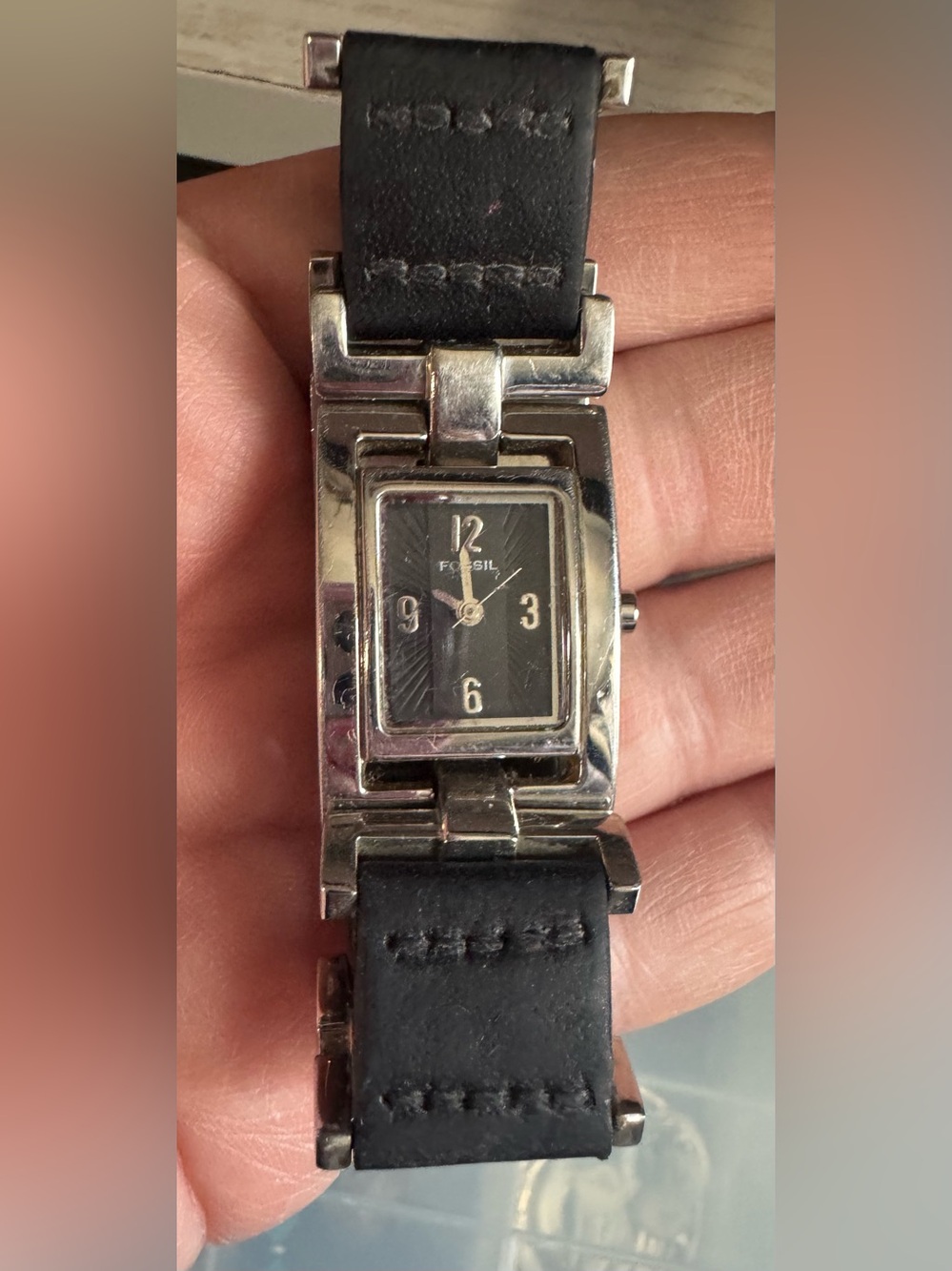 Fossil Silver Case Black Dial Leather-Band Watch